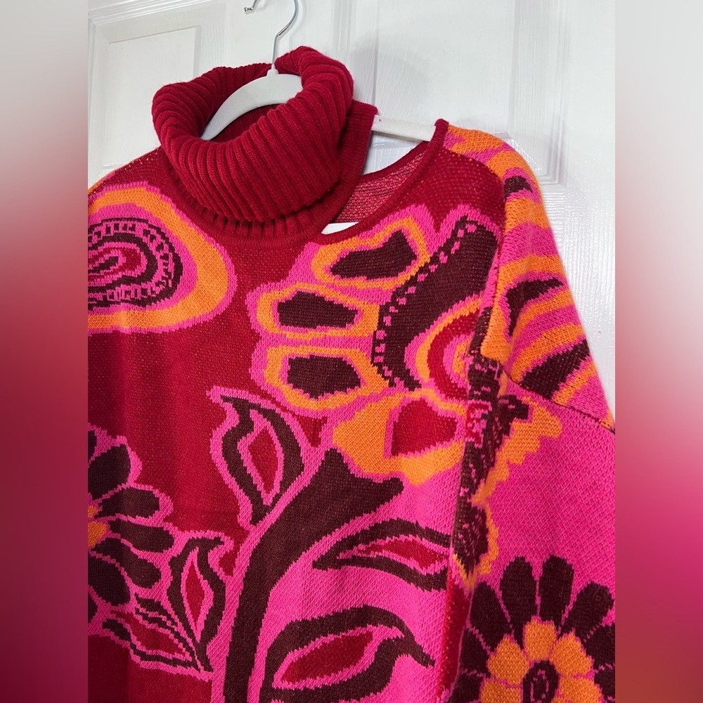 Farm Rio Vibrant Floral Cable Knit Sweater Pink Botanical Print Size Medium - Picture 4 of 13